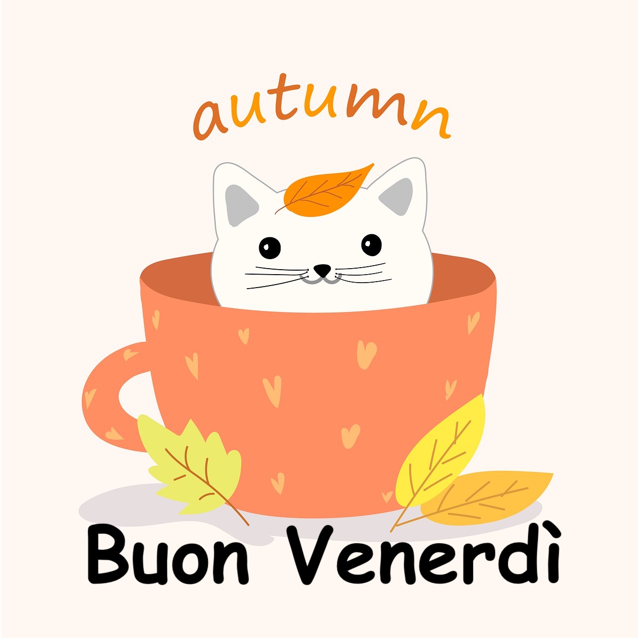  disegno di una tazza di caffè con un gattino dentro e la scritta autumn sopra il gatto  